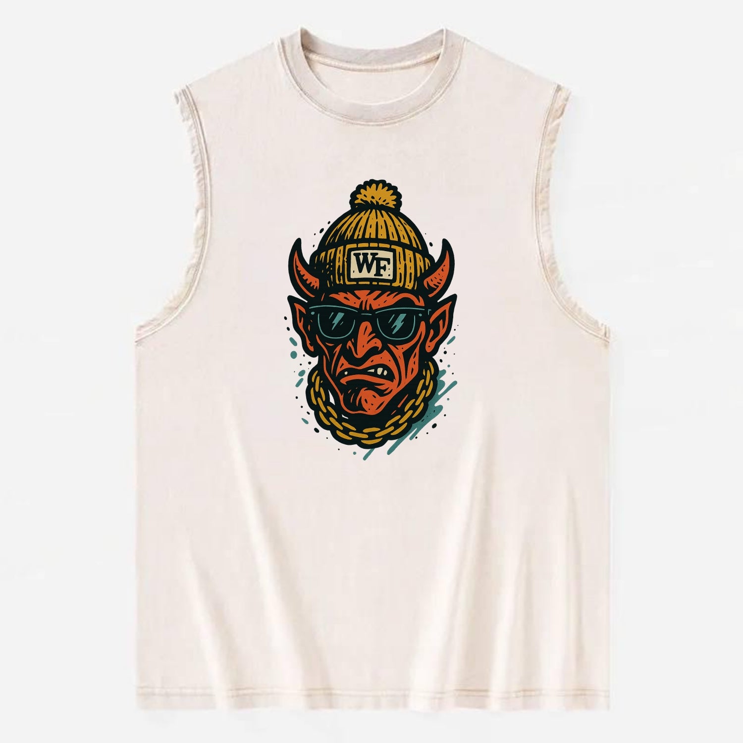 Winston-Salem Demon wearing Wake Forest beanie with WF patch - Vintage Washed Tank - Beige