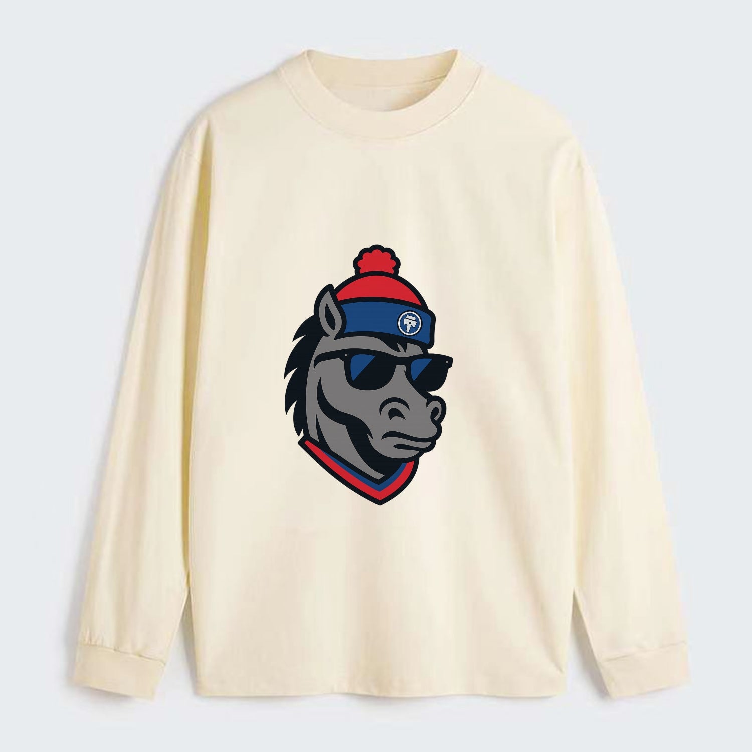 Detroit Stallion wearing Pistons red and blue beanie with piston patch - Classic Long Sleeve Shirt - Beige