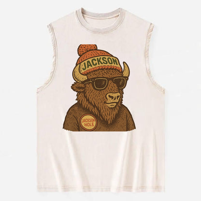 Jackson Hole Bison wearing Jackson beanie with pom pom and wayfarer sunglasses - Vintage Washed Tank - Beige
