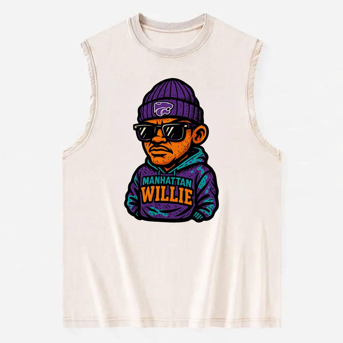 Manhattan Willie wearing Kansas State beanie with powercat patch - Vintage Washed Tank - Beige