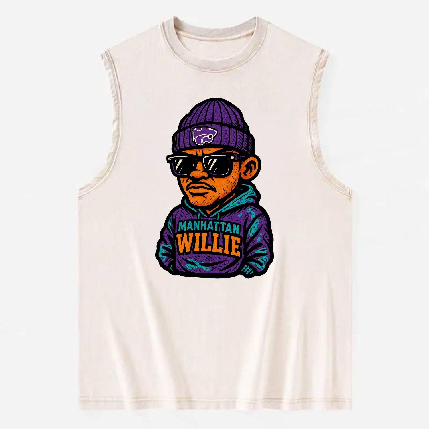 Manhattan Willie wearing Kansas State beanie with powercat patch - Vintage Washed Tank - Beige