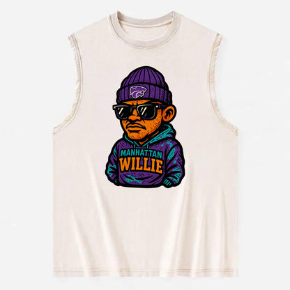 Manhattan Willie wearing Kansas State beanie with powercat patch - Vintage Washed Tank - Beige