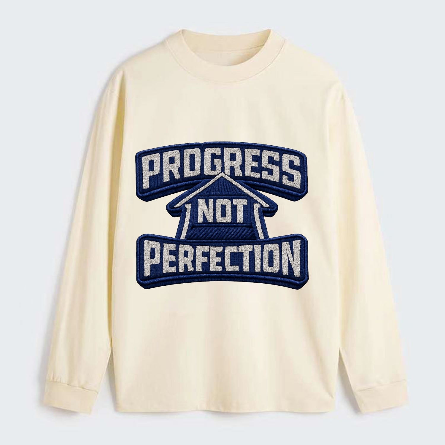 PROGRESS NOT PERFECTION - arrow with text in blue , growth mindset - Classic Long Sleeve Shirt - Beige