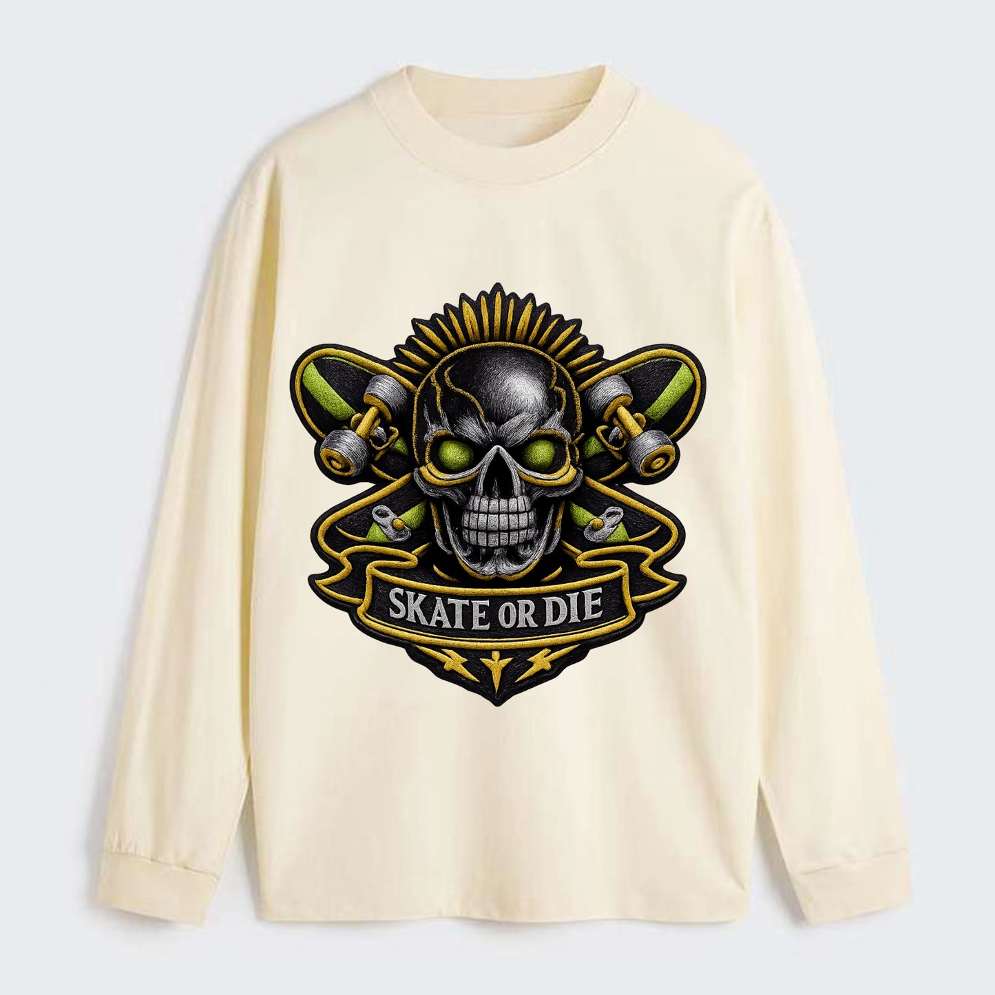 SKATEBOARD SKULL - skull with skateboard in black and neon green , - Classic Long Sleeve Shirt - Beige