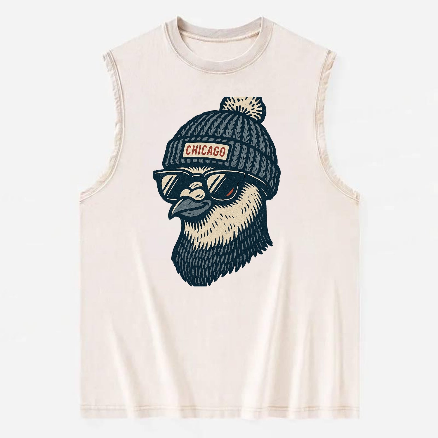 Chicago Pigeon wearing Chicago beanie with pom pom and wayfarer sunglasses - Vintage Washed Tank - Beige