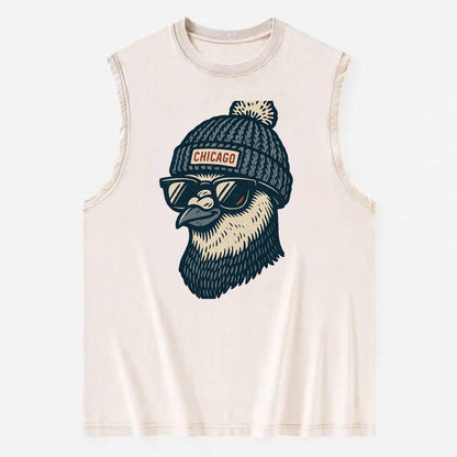 Chicago Pigeon wearing Chicago beanie with pom pom and wayfarer sunglasses - Vintage Washed Tank - Beige