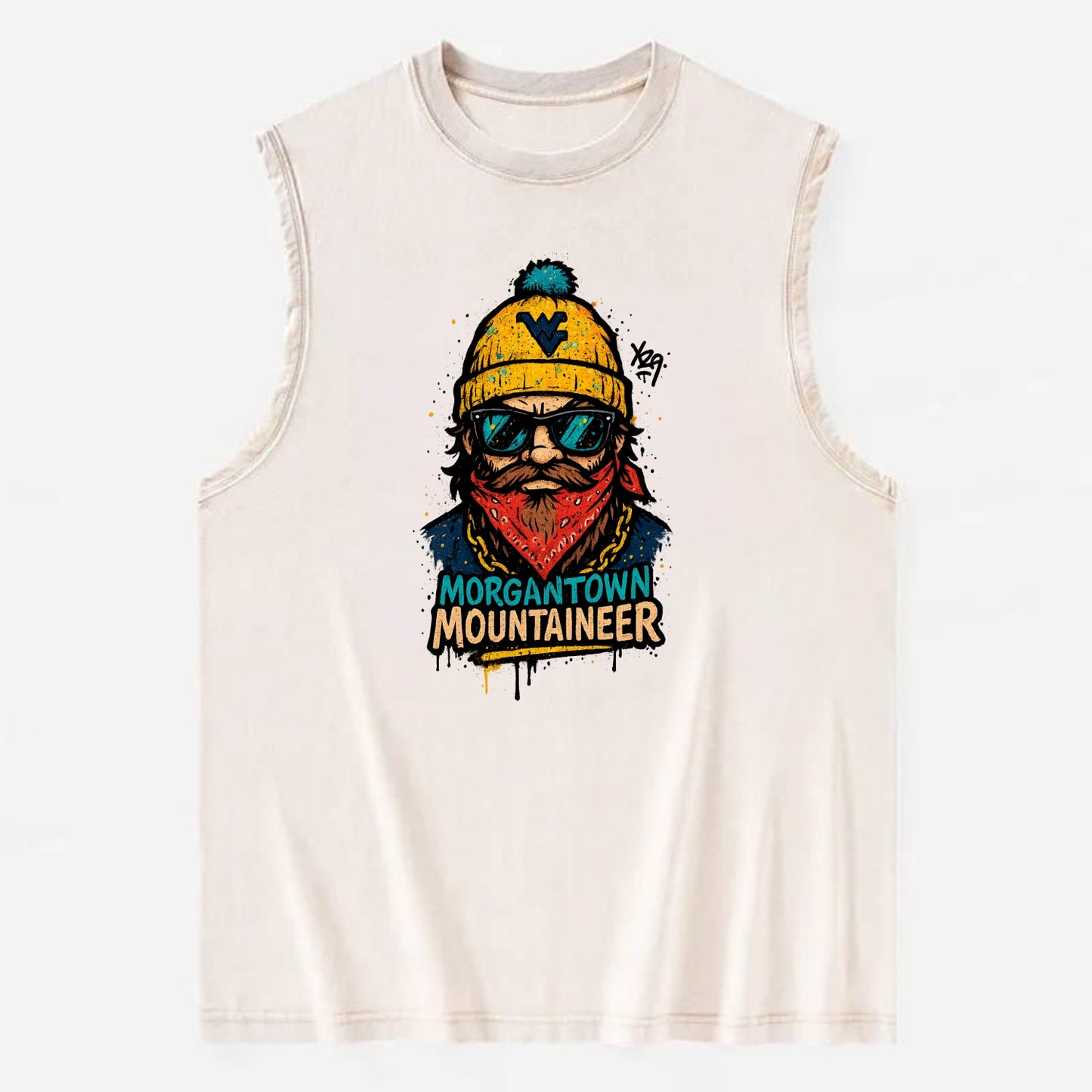Morgantown Mountaineer wearing West Virginia beanie with WV patch - Vintage Washed Tank - Beige