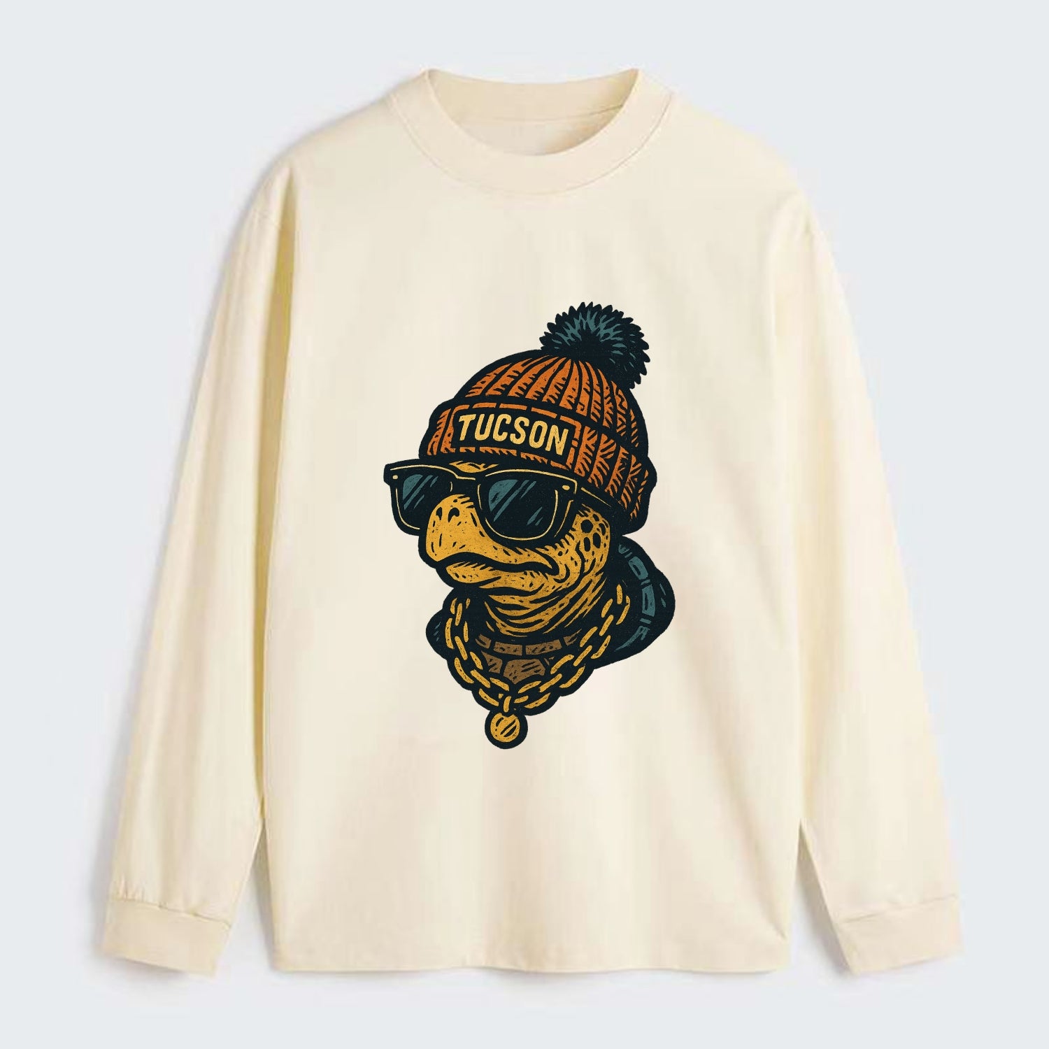 Tucson Desert Tortoise wearing Tucson beanie with pom pom and wayfarer - Classic Long Sleeve Shirt - Beige
