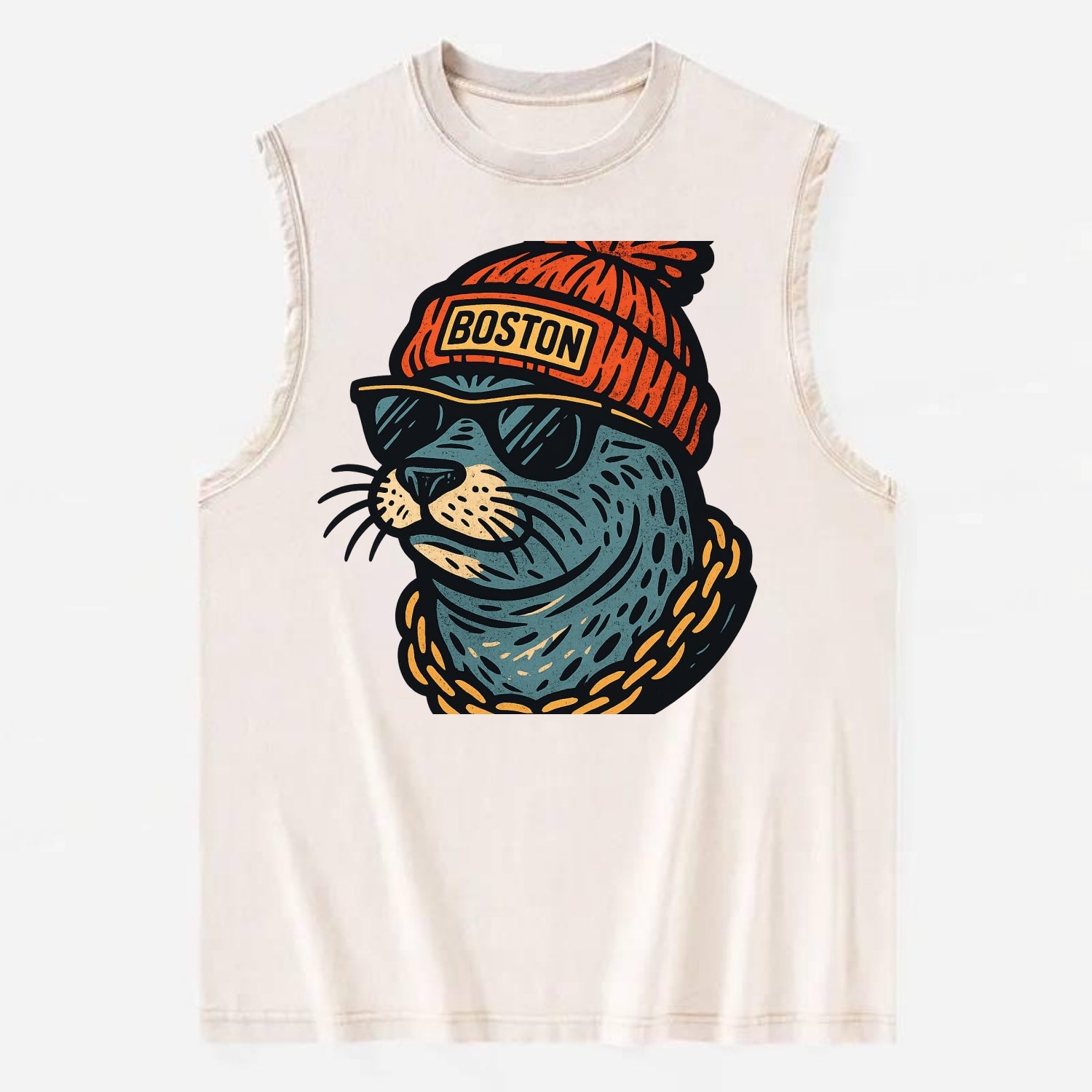 Boston Harbor Seal wearing Boston beanie with pom pom and wayfarer sunglasses - Vintage Washed Tank - Beige