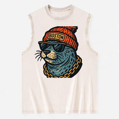 Boston Harbor Seal wearing Boston beanie with pom pom and wayfarer sunglasses - Vintage Washed Tank - Beige