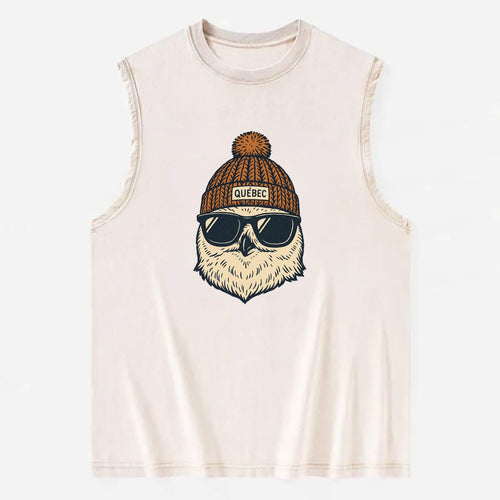 Quebec City Snowy Owl wearing Quebec beanie with pom pom and wayfarer - Vintage Washed Tank