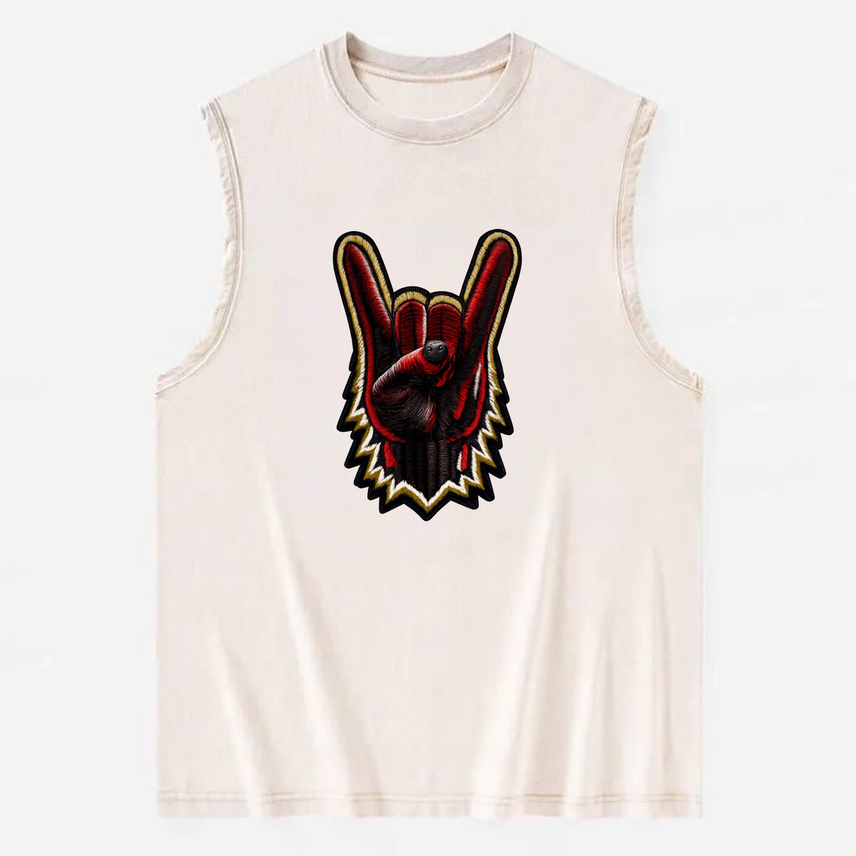 ROCK HAND HORNS - devil horns hand gesture in black and red , metal music - Vintage Washed Tank - Beige