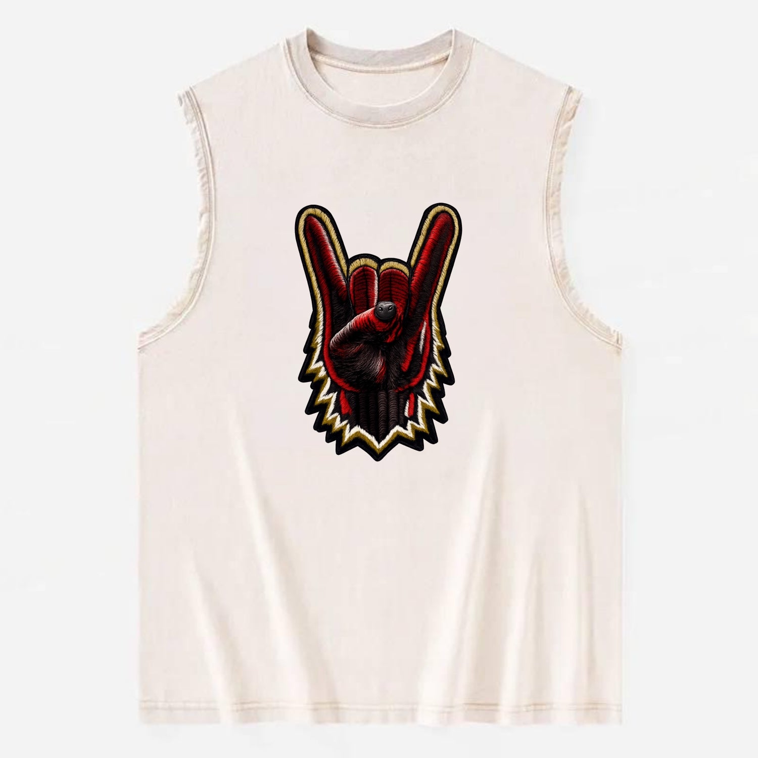 ROCK HAND HORNS - devil horns hand gesture in black and red , metal music - Vintage Washed Tank - Beige