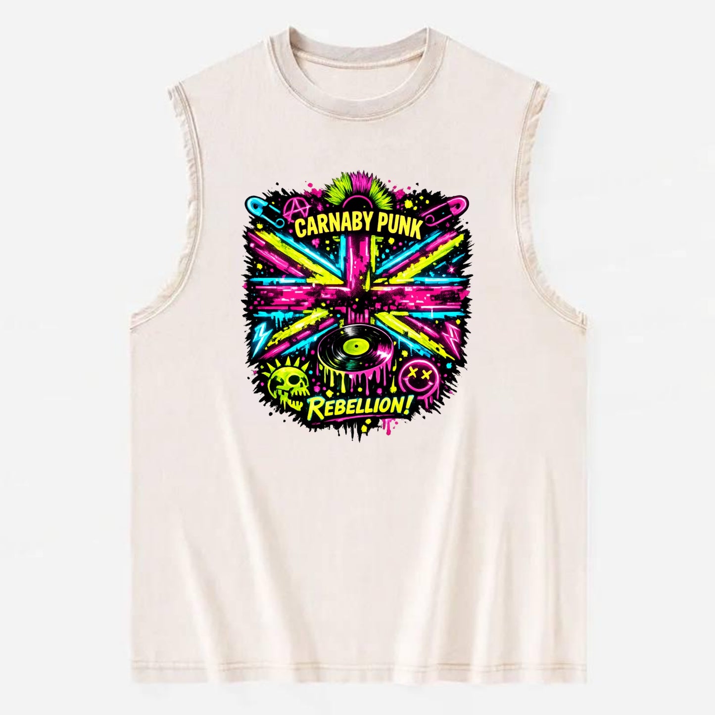 CARNABY PUNK | Swinging 60s meets 70s punk | Psychedelic Union Jack pattern | - Vintage Washed Tank - Beige