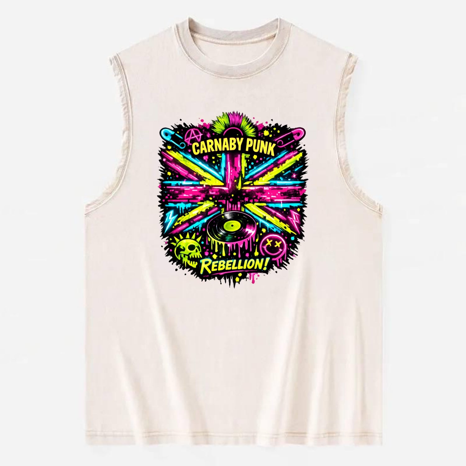 CARNABY PUNK | Swinging 60s meets 70s punk | Psychedelic Union Jack pattern | - Vintage Washed Tank - Beige