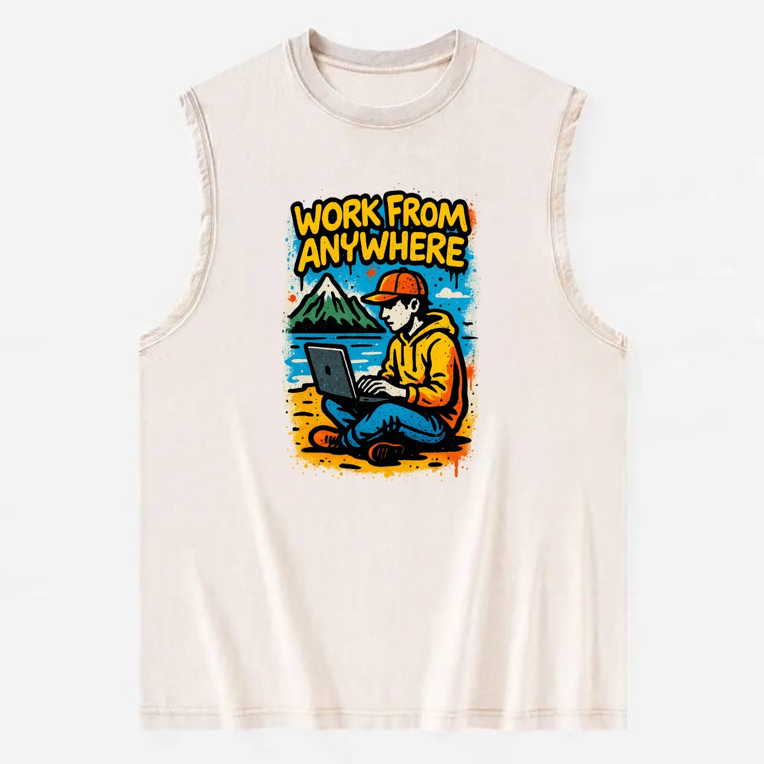 Digital nomad with laptop on beach/mountain - work from anywhere lifestyle, - Vintage Washed Tank - Beige