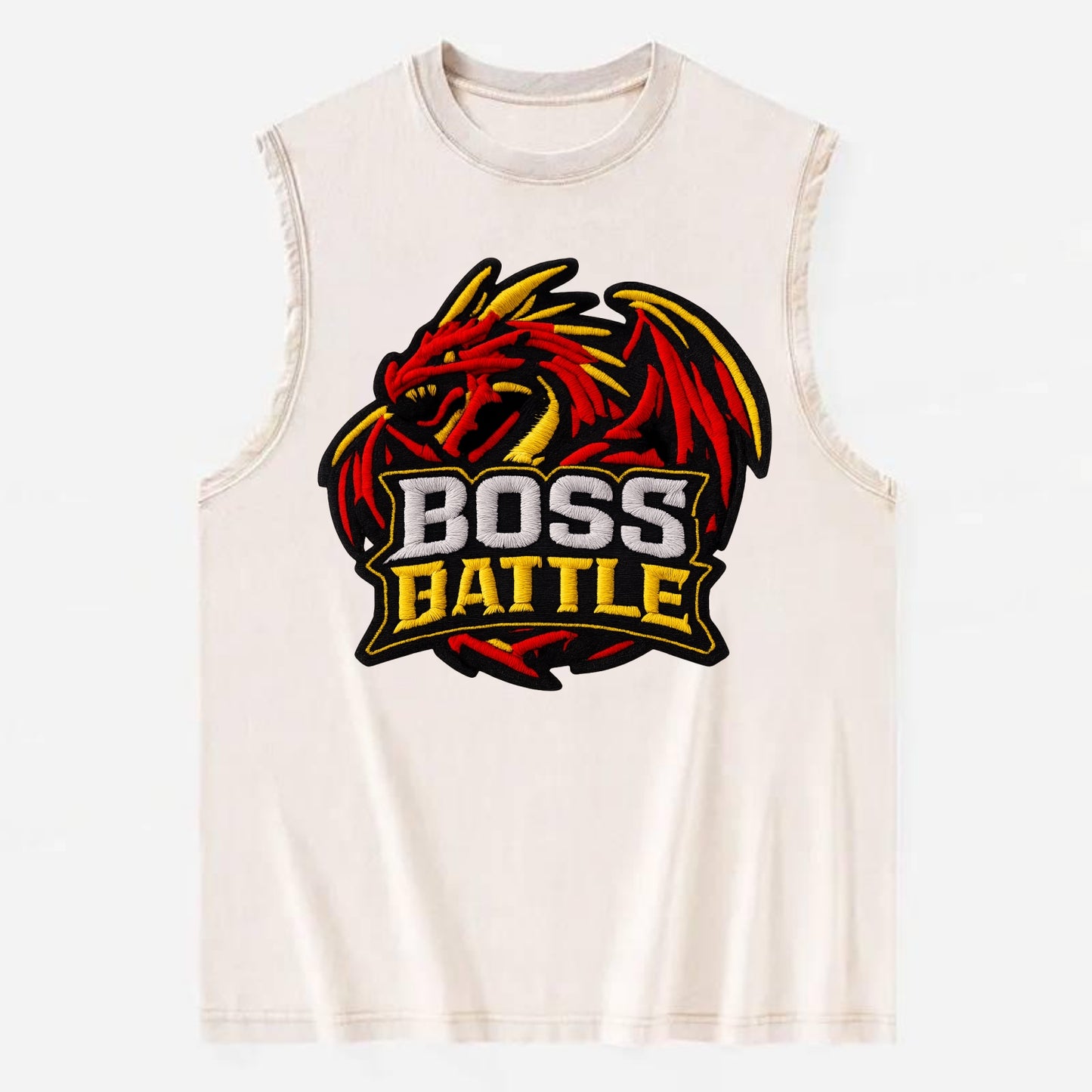 BOSS BATTLE - dragon silhouette in red and gold , raid - Vintage Washed Tank - Beige
