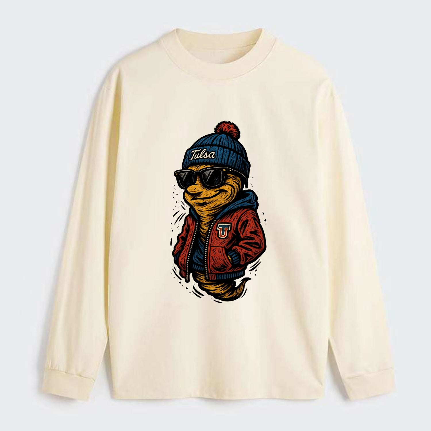 Tulsa Hurricane wearing Tulsa beanie with TU patch - Classic Long Sleeve Shirt - Beige