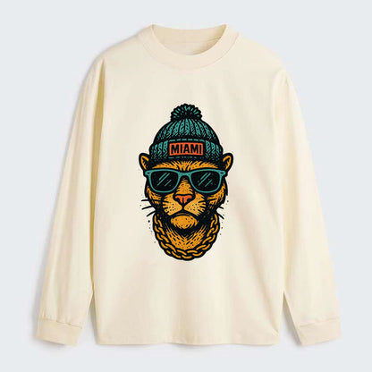Florida Panther wearing Miami beanie with pom pom and wayfarer - Classic Long Sleeve Shirt - Beige