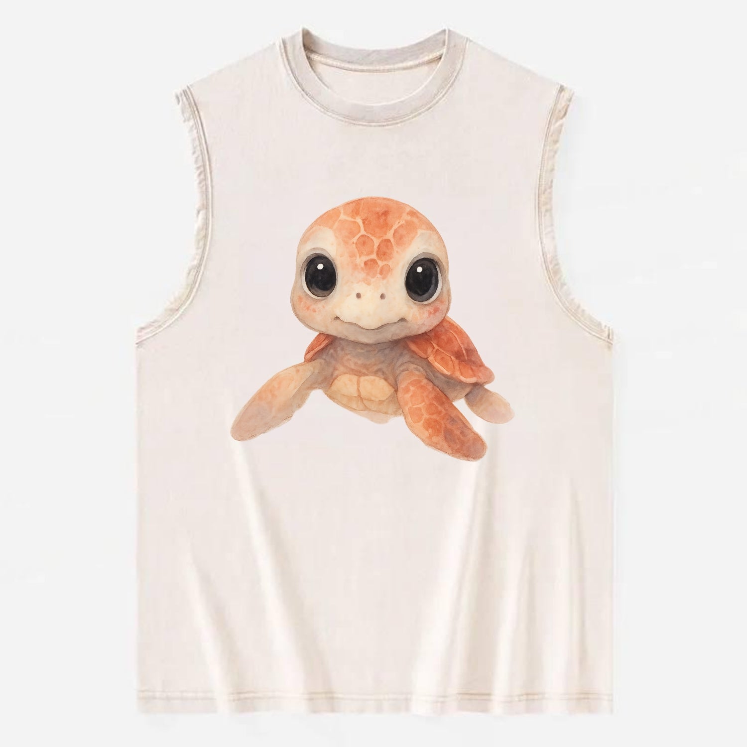Baby Loggerhead Turtle - reddish-brown shell, big round dark eyes, chunky - Vintage Washed Tank - Beige