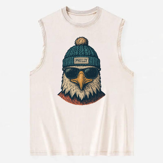 Philadelphia Eagle wearing Philly beanie with pom pom and wayfarer sunglasses - Vintage Washed Tank - Beige