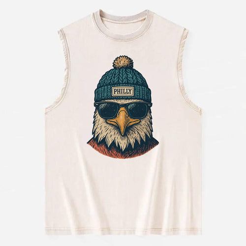 Philadelphia Eagle wearing Philly beanie with pom pom and wayfarer sunglasses - Vintage Washed Tank