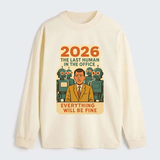 Single human worker surrounded by robot coworkers - "The last human in - Classic Long Sleeve Shirt - Beige