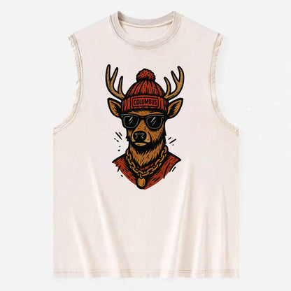 Columbus White-tailed Deer wearing Columbus beanie with pom pom and wayfarer - Vintage Washed Tank - Beige