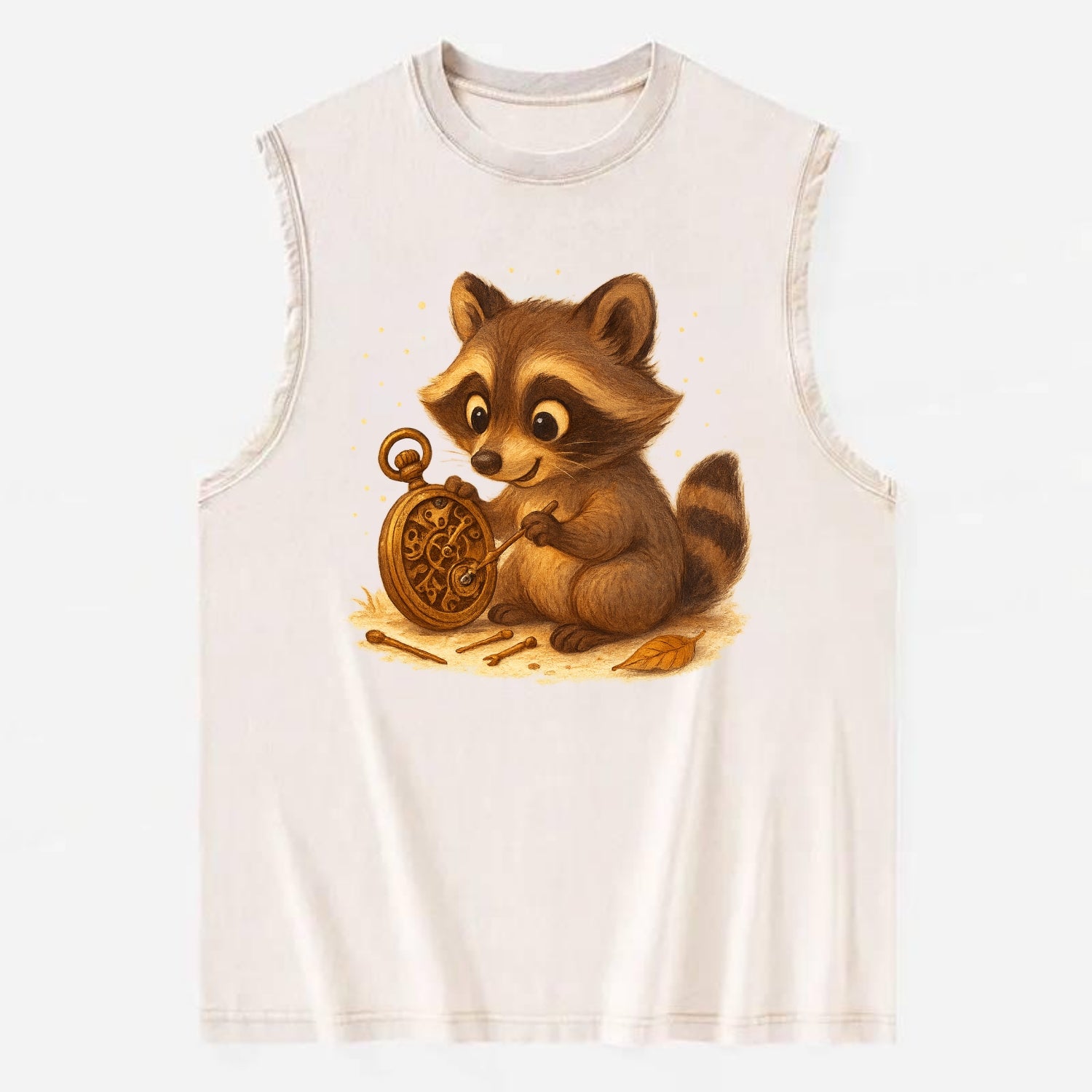 Raccoon tinkering with a steampunk pocket watch using tiny brass tools - Vintage Washed Tank - Beige