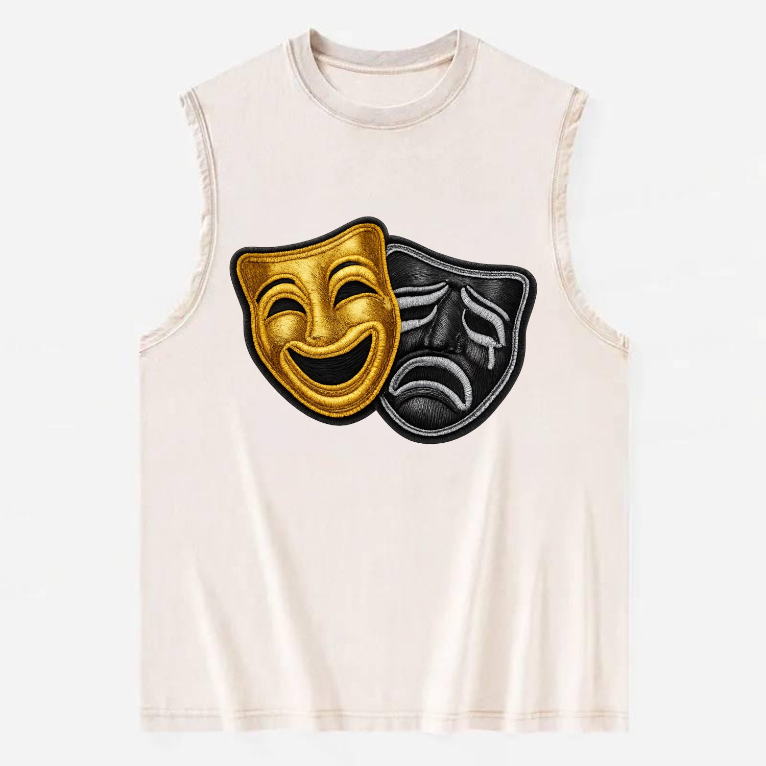 BROADWAY MASKS - comedy tragedy masks in gold and black , theater - Vintage Washed Tank - Beige