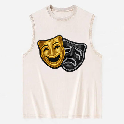 BROADWAY MASKS - comedy tragedy masks in gold and black , theater - Vintage Washed Tank - Beige