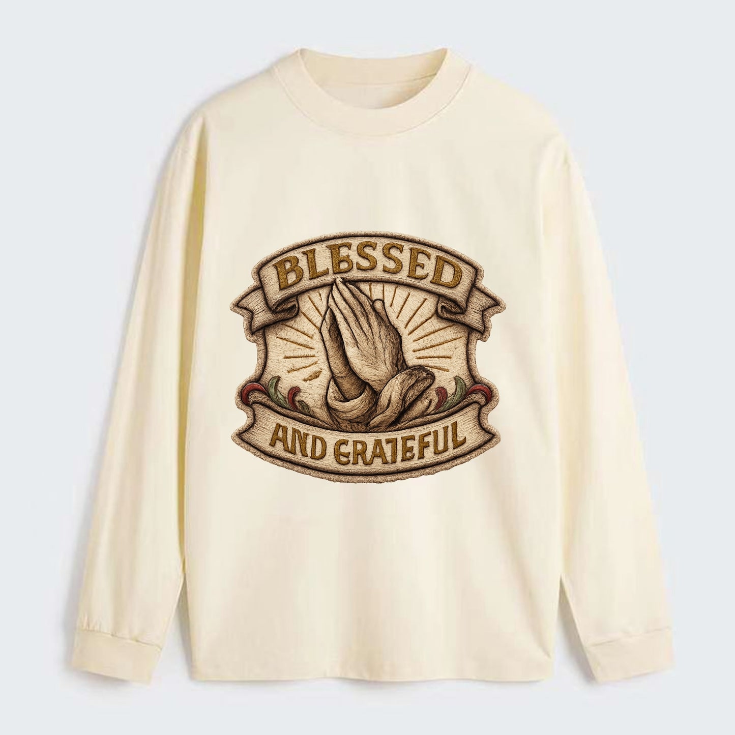 BLESSED AND GRATEFUL - praying hands with text in gold , thankful - Classic Long Sleeve Shirt - Beige