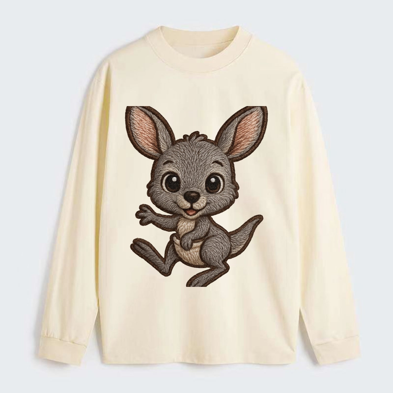 Baby Kangaroo Joey - gray fur, large ears, in pouch peek, bright eyes, - Classic Long Sleeve Shirt - Beige