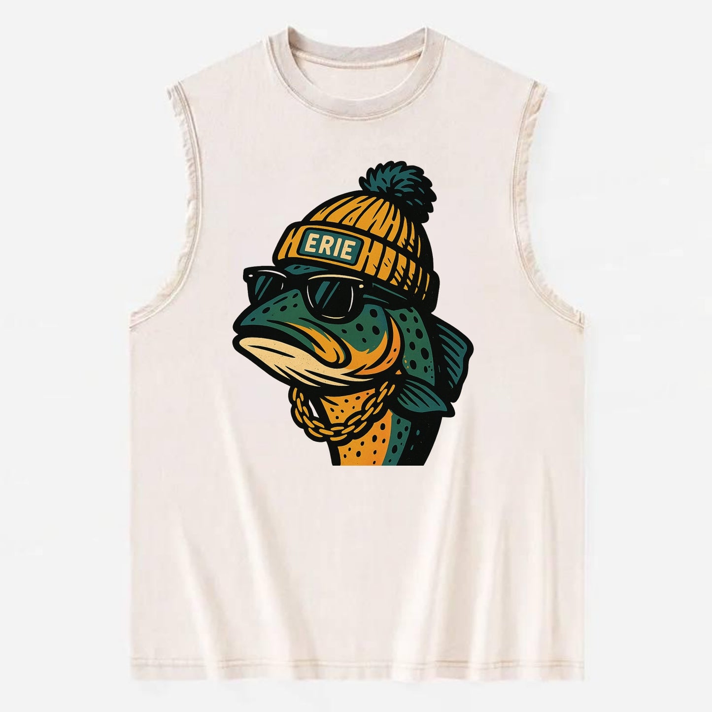 Erie Lake Trout wearing Erie beanie with pom pom and wayfarer sunglasses - Vintage Washed Tank - Beige