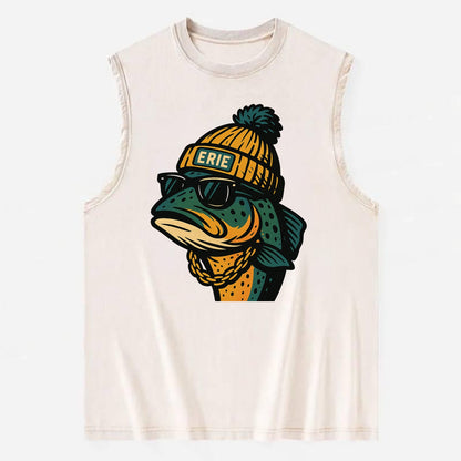Erie Lake Trout wearing Erie beanie with pom pom and wayfarer sunglasses - Vintage Washed Tank - Beige