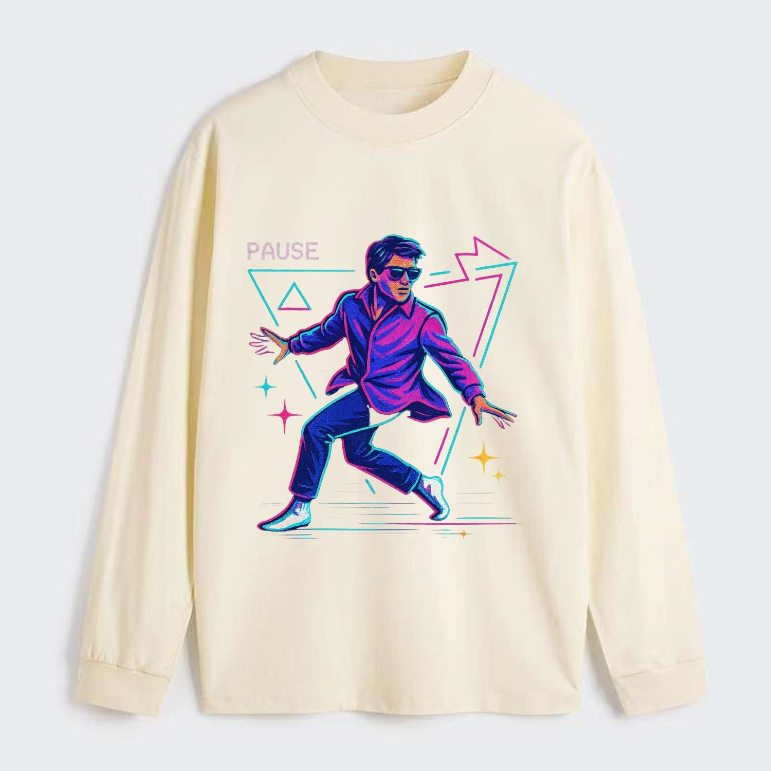 confident figure sliding across polished wooden floor in socks and - Classic Long Sleeve Shirt - Beige