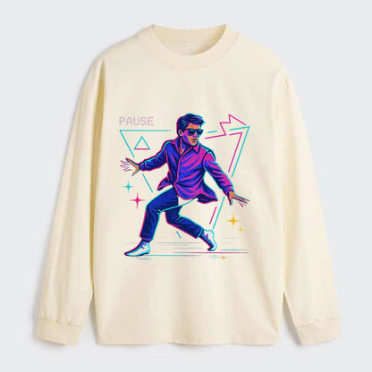 confident figure sliding across polished wooden floor in socks and - Classic Long Sleeve Shirt - Beige