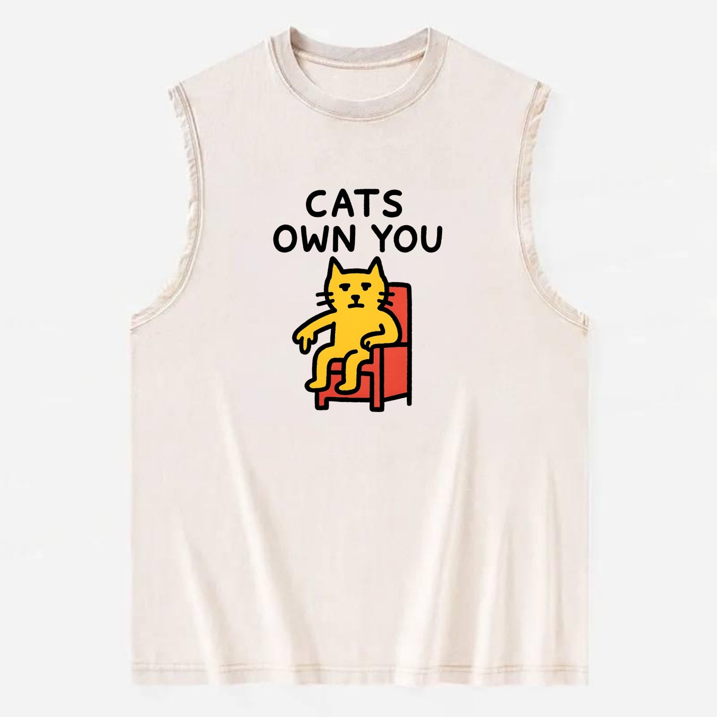 CATS OWN YOU | Cat on throne pointing down - Vintage Washed Tank - Beige