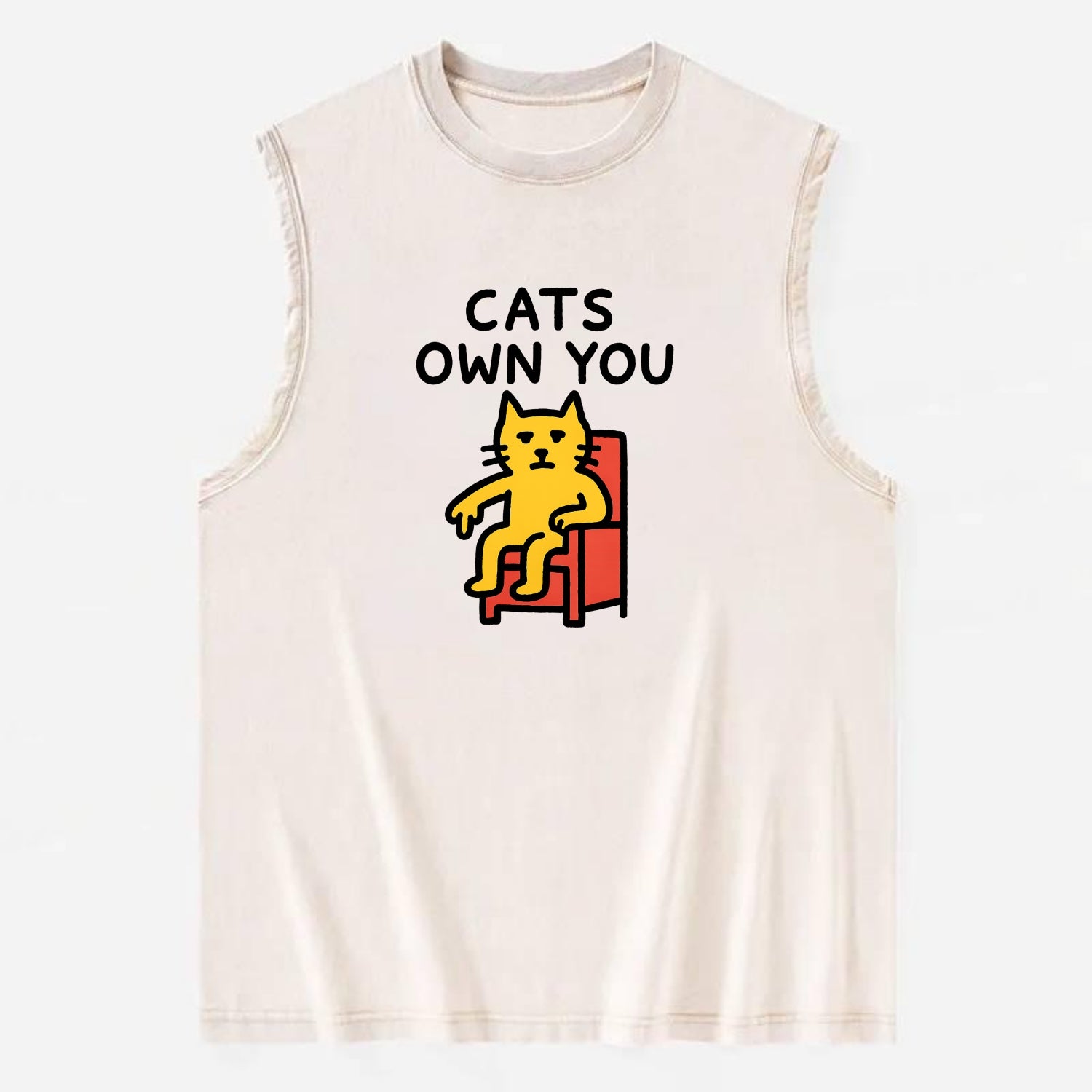 CATS OWN YOU | Cat on throne pointing down - Vintage Washed Tank - Beige