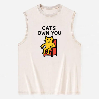 CATS OWN YOU | Cat on throne pointing down - Vintage Washed Tank - Beige