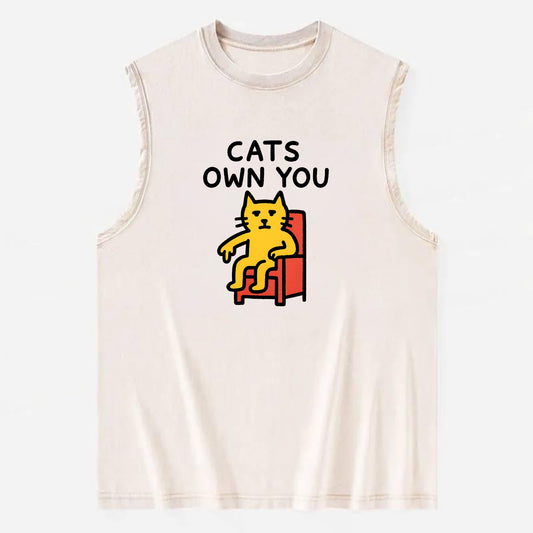 CATS OWN YOU | Cat on throne pointing down - Vintage Washed Tank - Beige