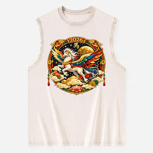 CELESTIAL HORSE | Heavenly horse among clouds and stars | Wings of flowing - Vintage Washed Tank - Beige