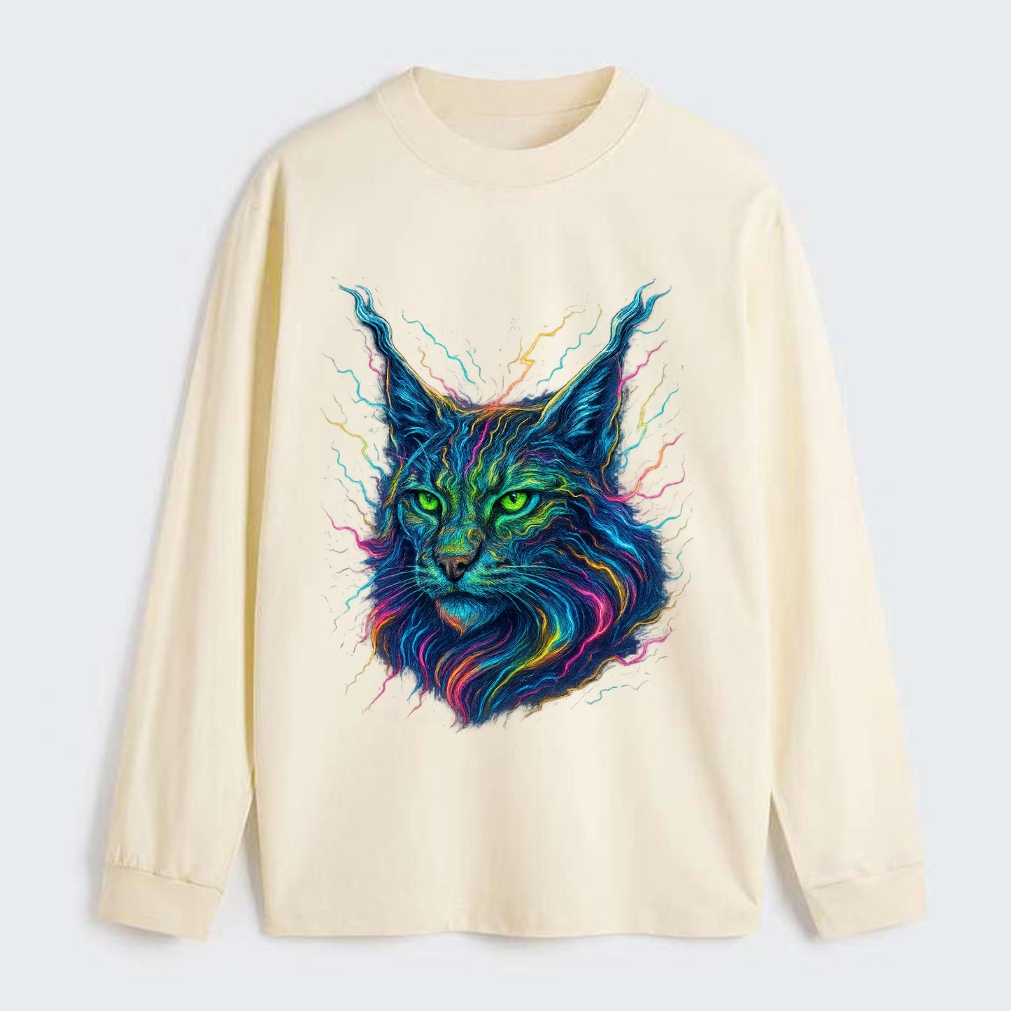 Wild lynx with ear tufts transforming into liquid mercury flows, silver - Classic Long Sleeve Shirt - Beige