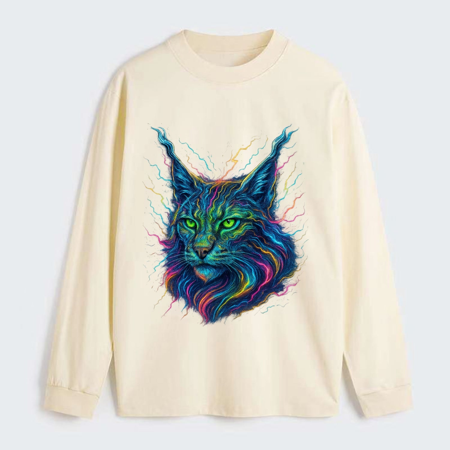 Wild lynx with ear tufts transforming into liquid mercury flows, silver - Classic Long Sleeve Shirt - Beige