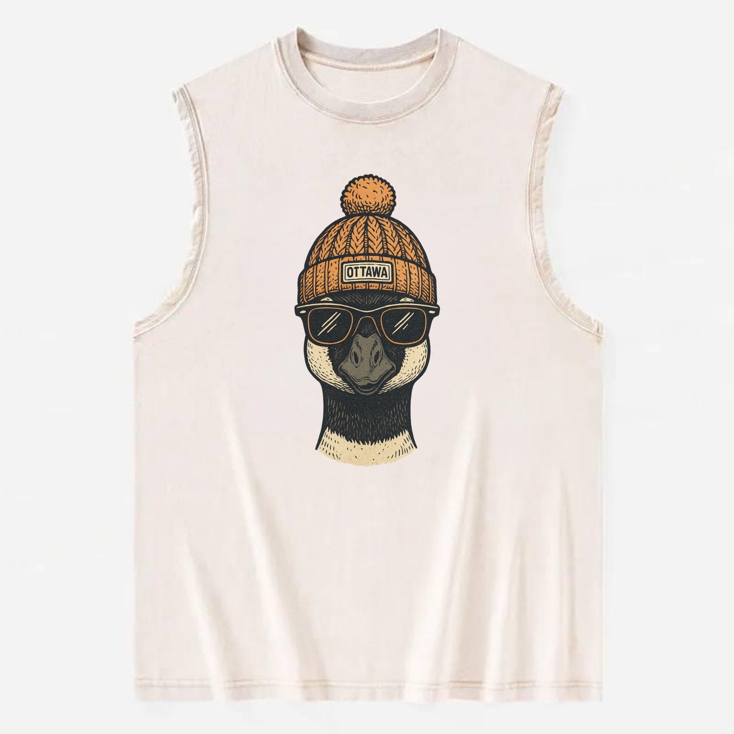 Ottawa Canadian Goose wearing Ottawa beanie with pom pom and wayfarer - Vintage Washed Tank - Beige