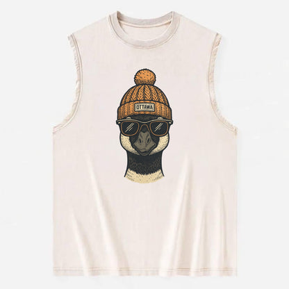 Ottawa Canadian Goose wearing Ottawa beanie with pom pom and wayfarer - Vintage Washed Tank - Beige
