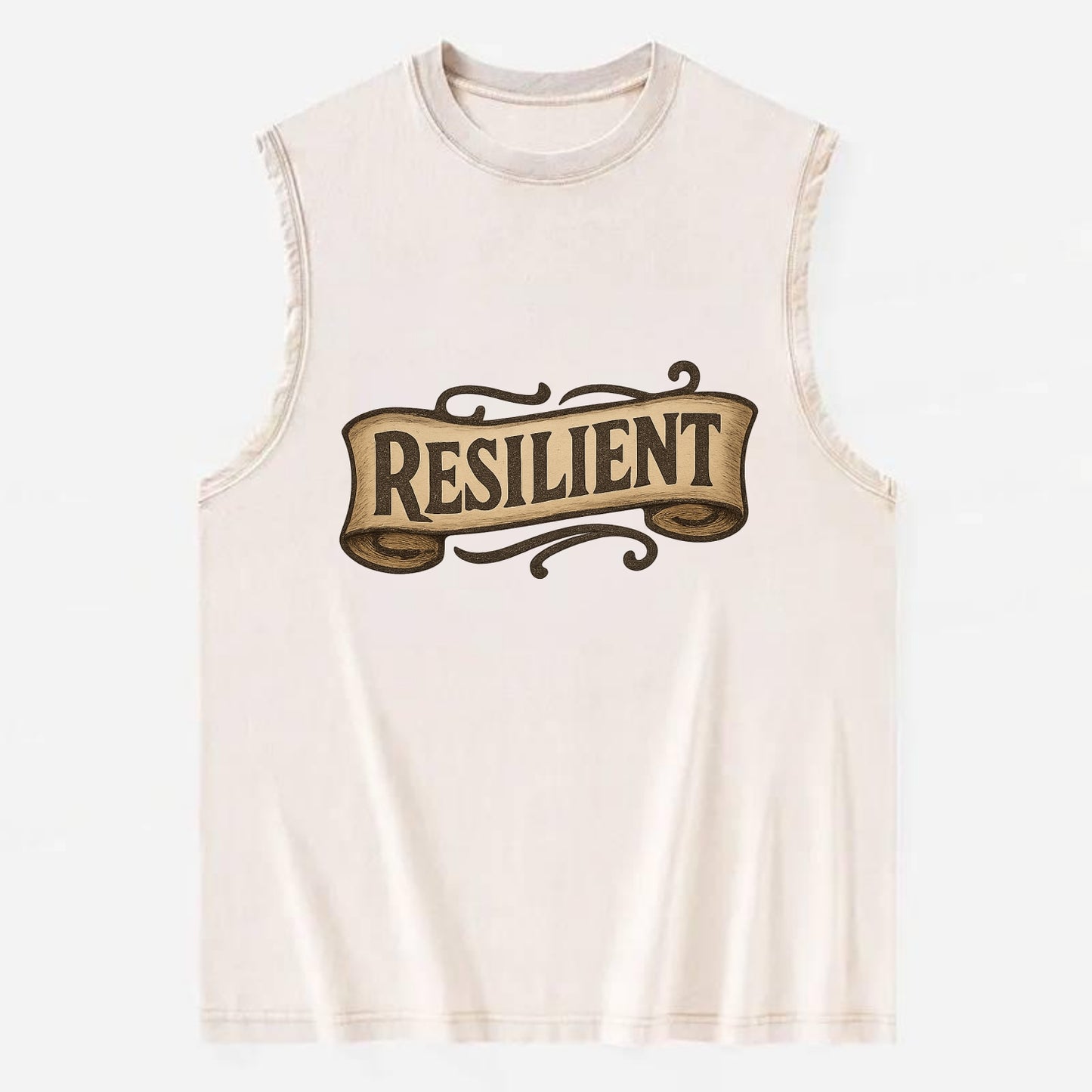 Bold typography design - "RESILIENT" - bouncing back, unbreakable spirit - Vintage Washed Tank - Beige