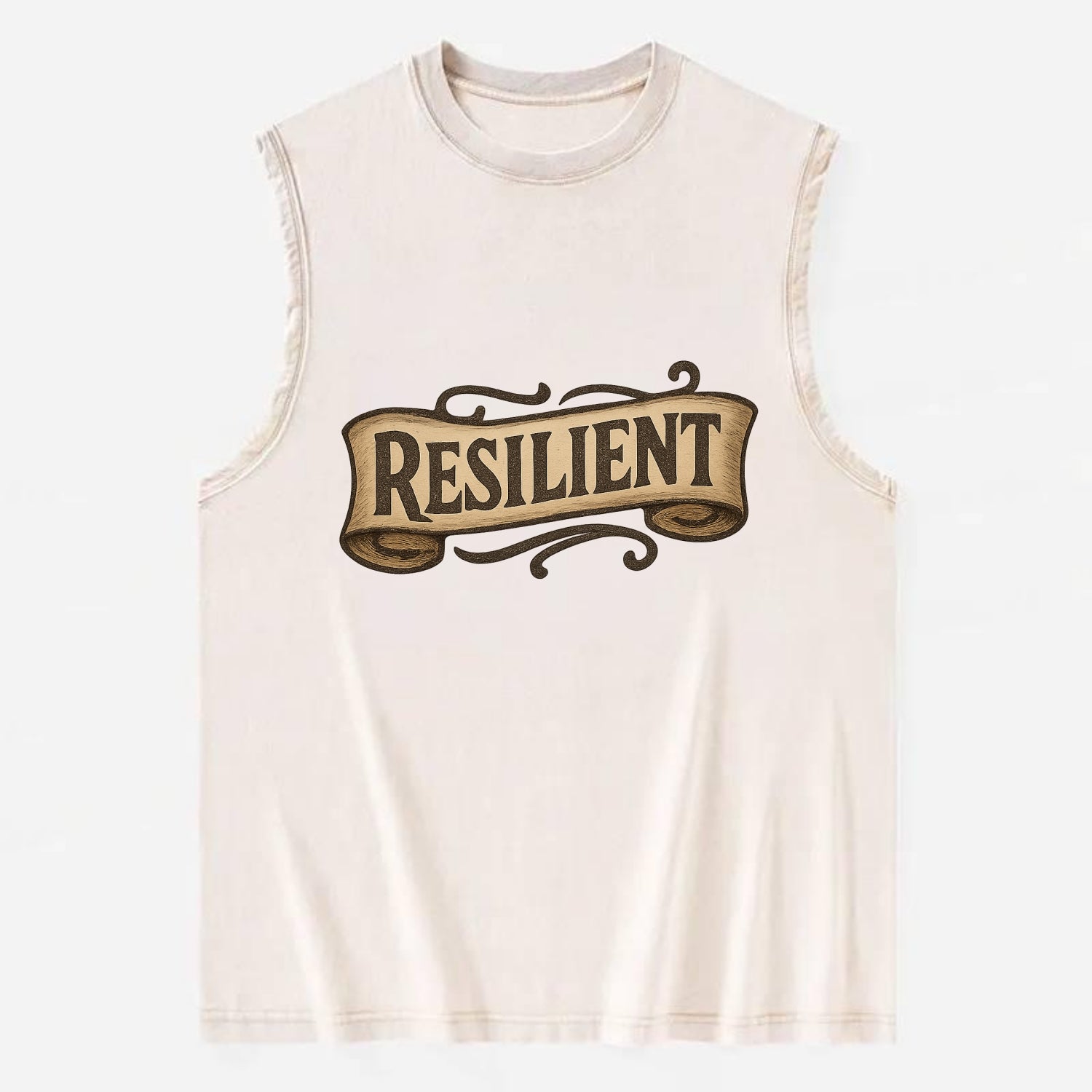 Bold typography design - "RESILIENT" - bouncing back, unbreakable spirit - Vintage Washed Tank - Beige