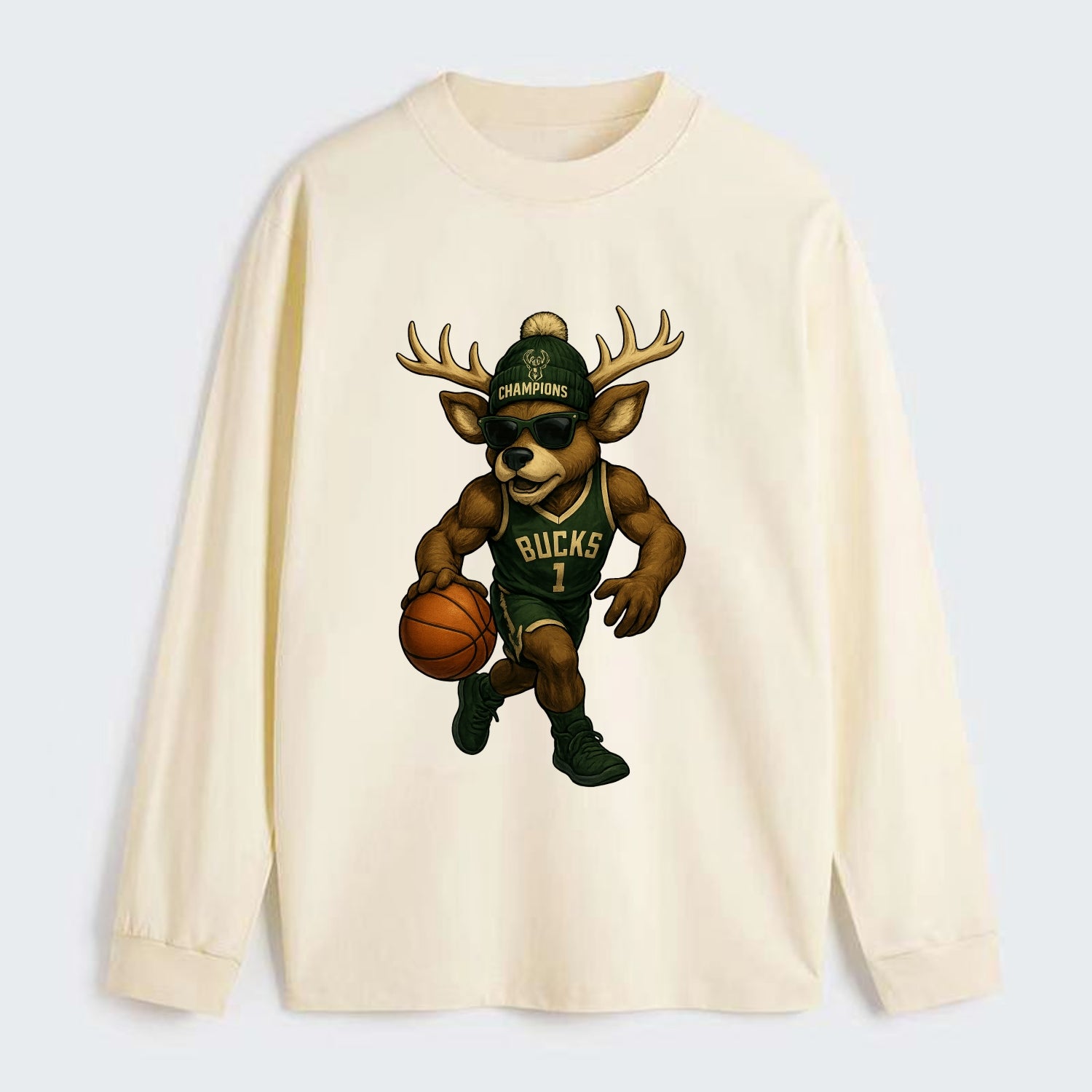 Milwaukee Buck Deer wearing Bucks green and cream beanie with antlers - Classic Long Sleeve Shirt - Beige
