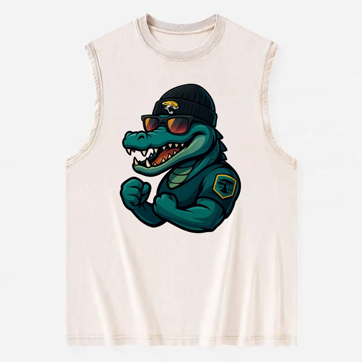 Jacksonville Alligator wearing Jaguars beanie with swamp patch and wayfarer - Vintage Washed Tank - Beige